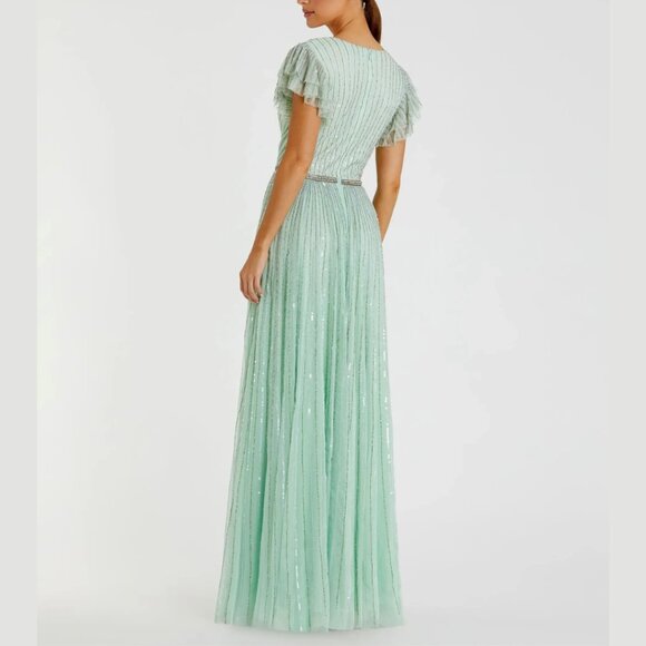 Mac Duggal 5502 Size 16 Light Green Sequined Ruffled‎ Cap Sleeve Gown Maxi Dress - Picture 4 of 4